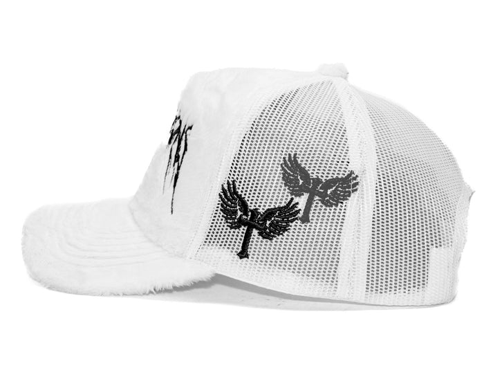 Fuzzy Trucker Satin Angel White